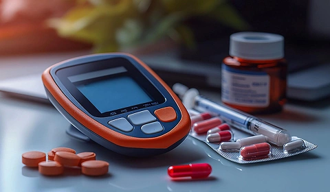 Diabetes supplies including glucometer, pills, and syringe.