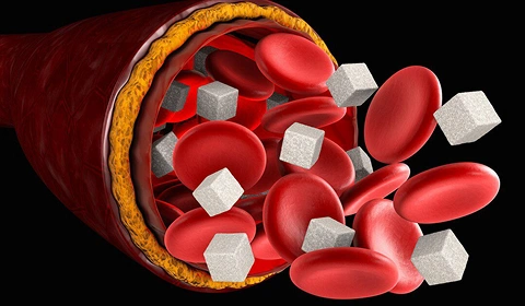 Illustration of blood cells and sugar crystals in bloodstream.