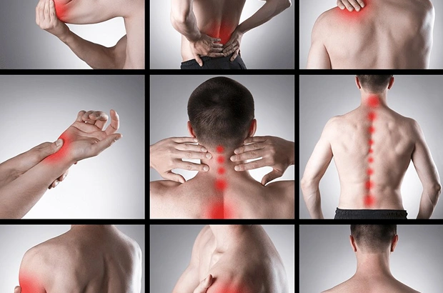 Man showing red pain spots on neck, back, and joints.